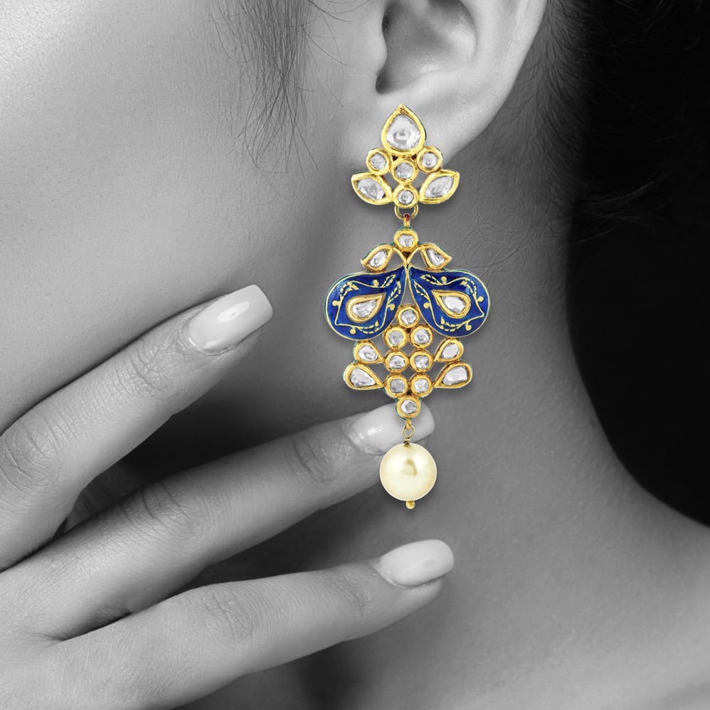 Polki Earrings with Blue Enamel and Pearl Drop